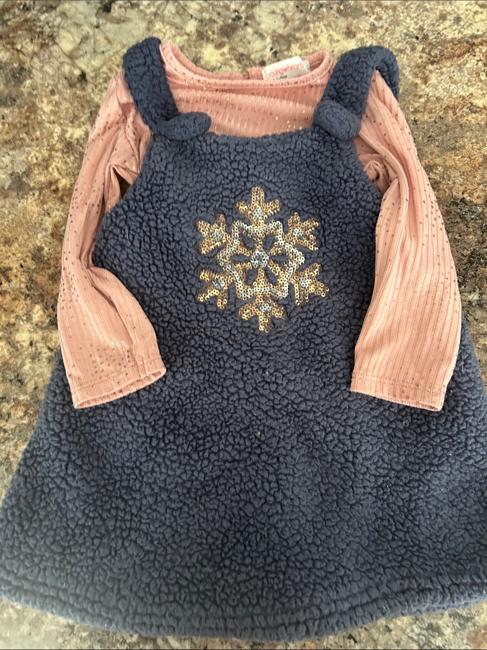 12 montNavy Sherpa Pinafore Dress with Blush Pink Top and Gold Snowflake Detail